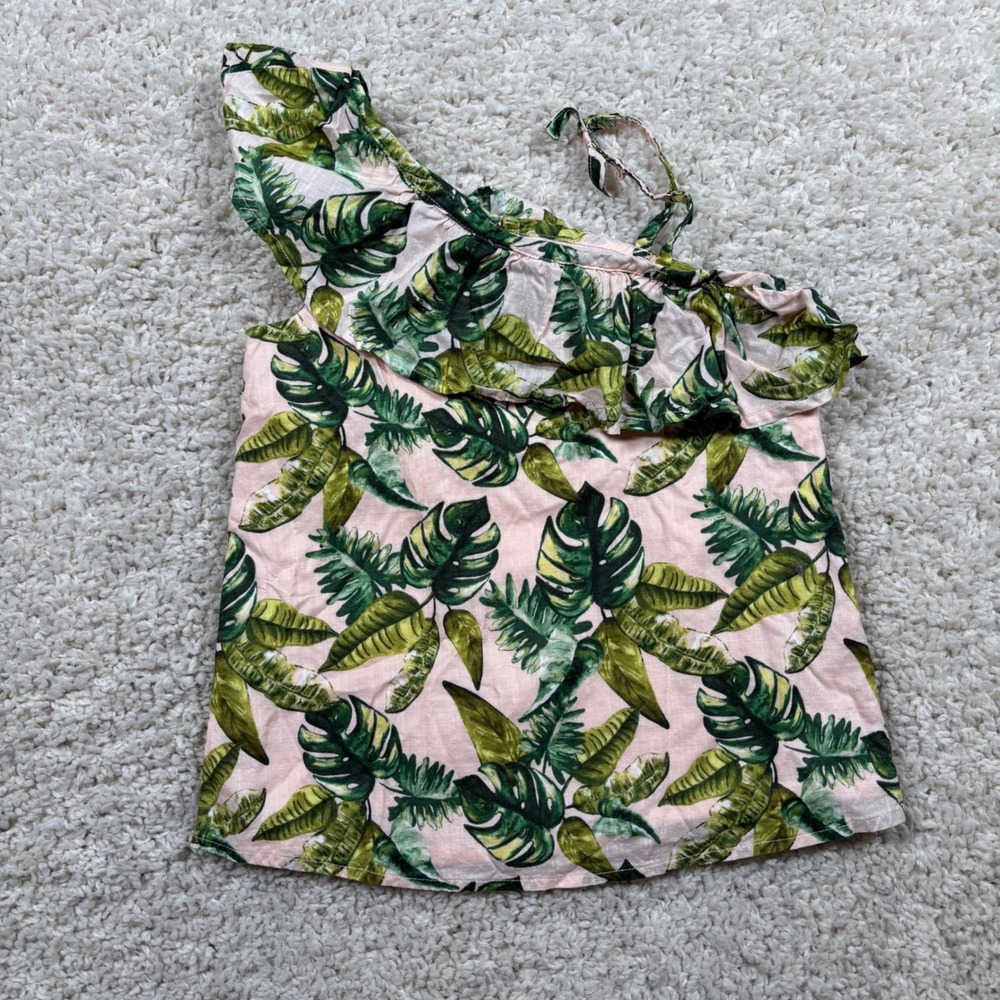 Janie and Jack Tropical Leaf One Shoulder Top Kids Size 6 Pink Green Excellent